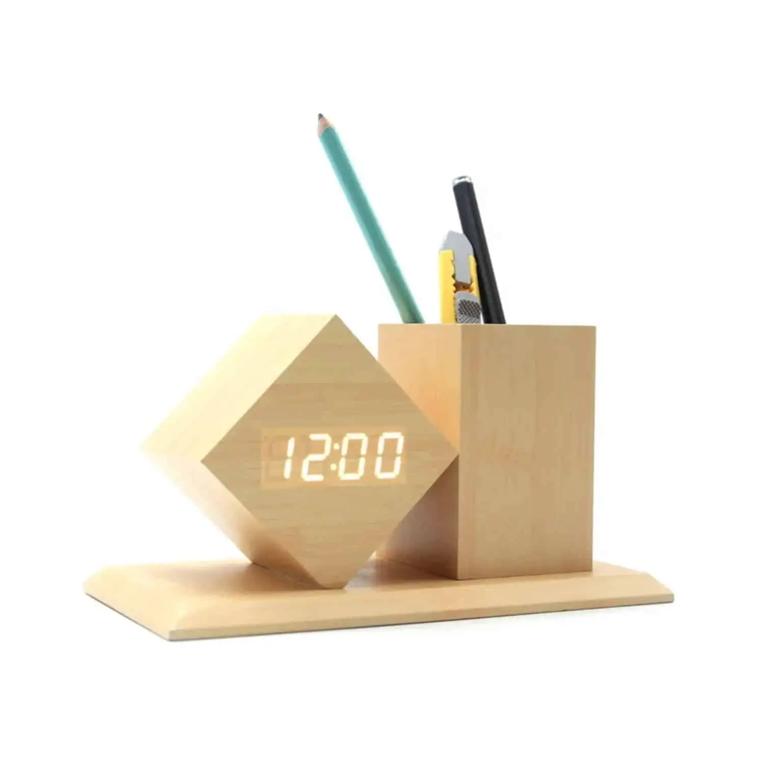 WOODEN CLOCK WITH PEN POT